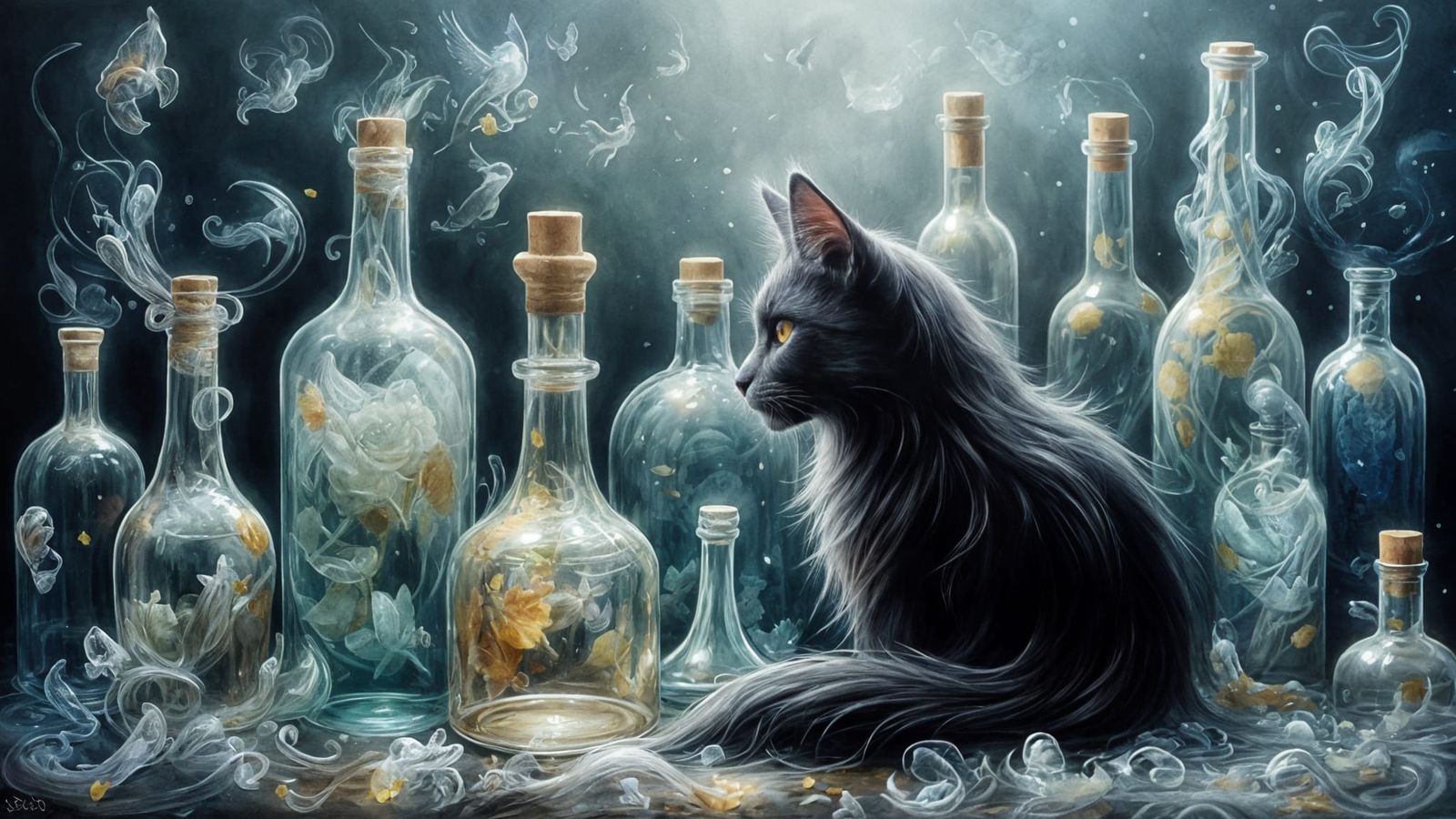 Dreamy Whimsy with Black Cat and Bottles in Aquarelle Style