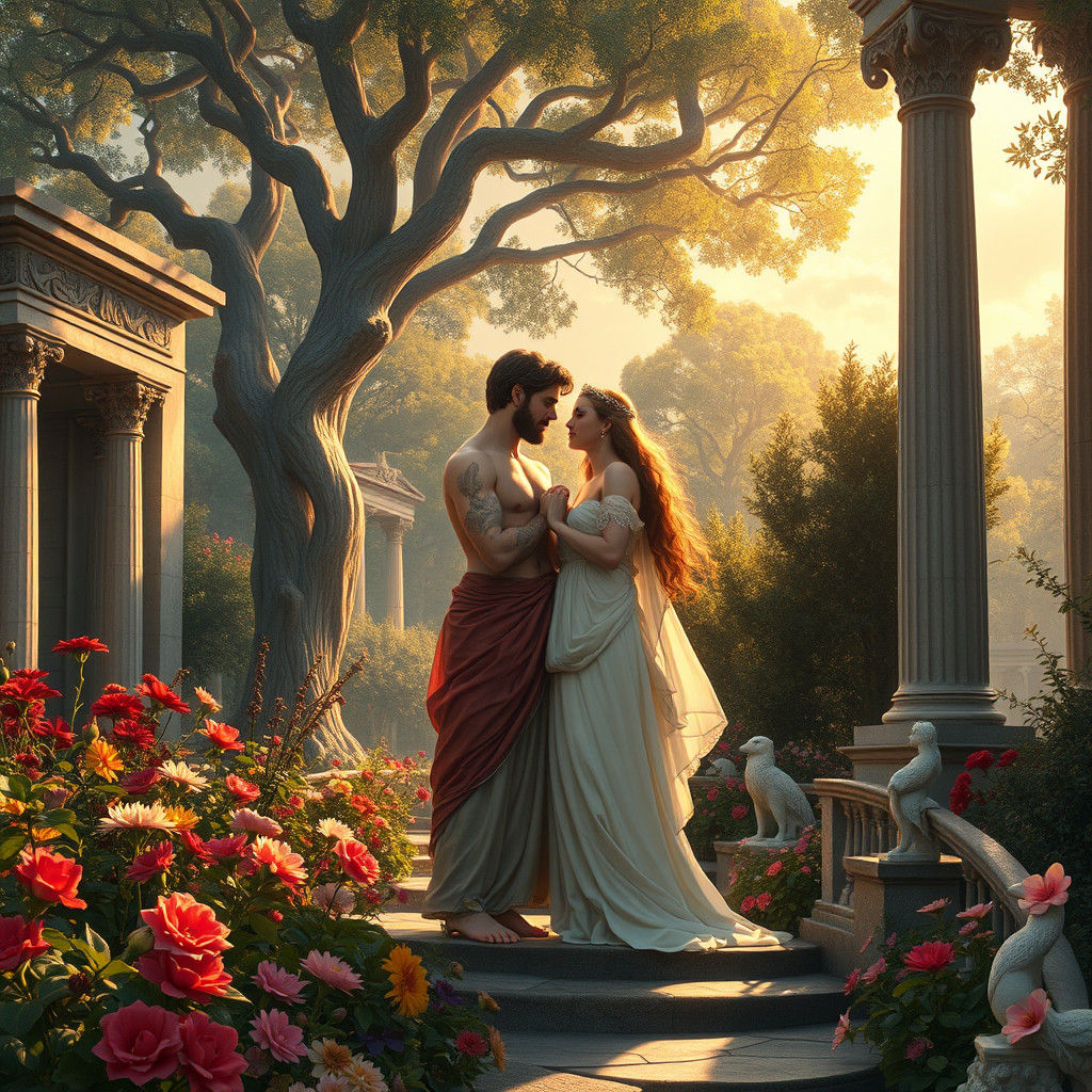 Star-Crossed Lovers in a Lush Garden, in Pre-Raphaelite Styl...