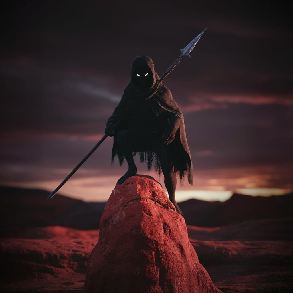 Shadowy Figure on Red Rock with Spear