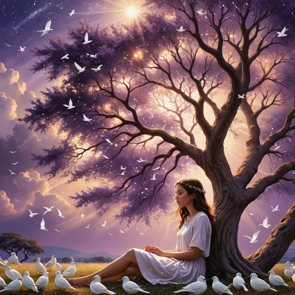 Girl Under Tree of Life with Birds