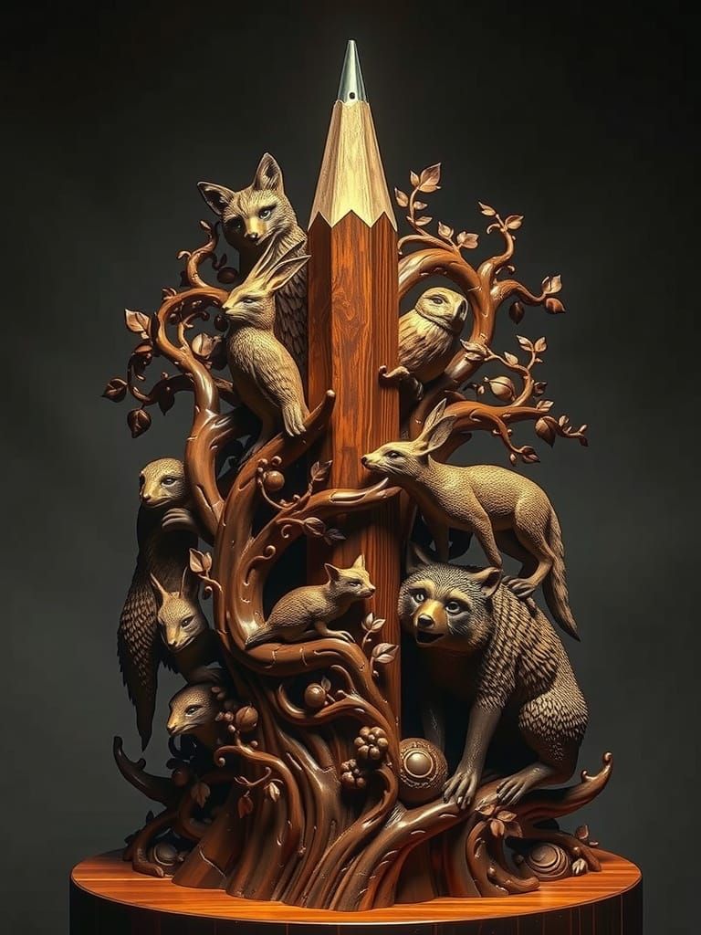 Intricately Carved Wooden Pencil with Woodland Animals