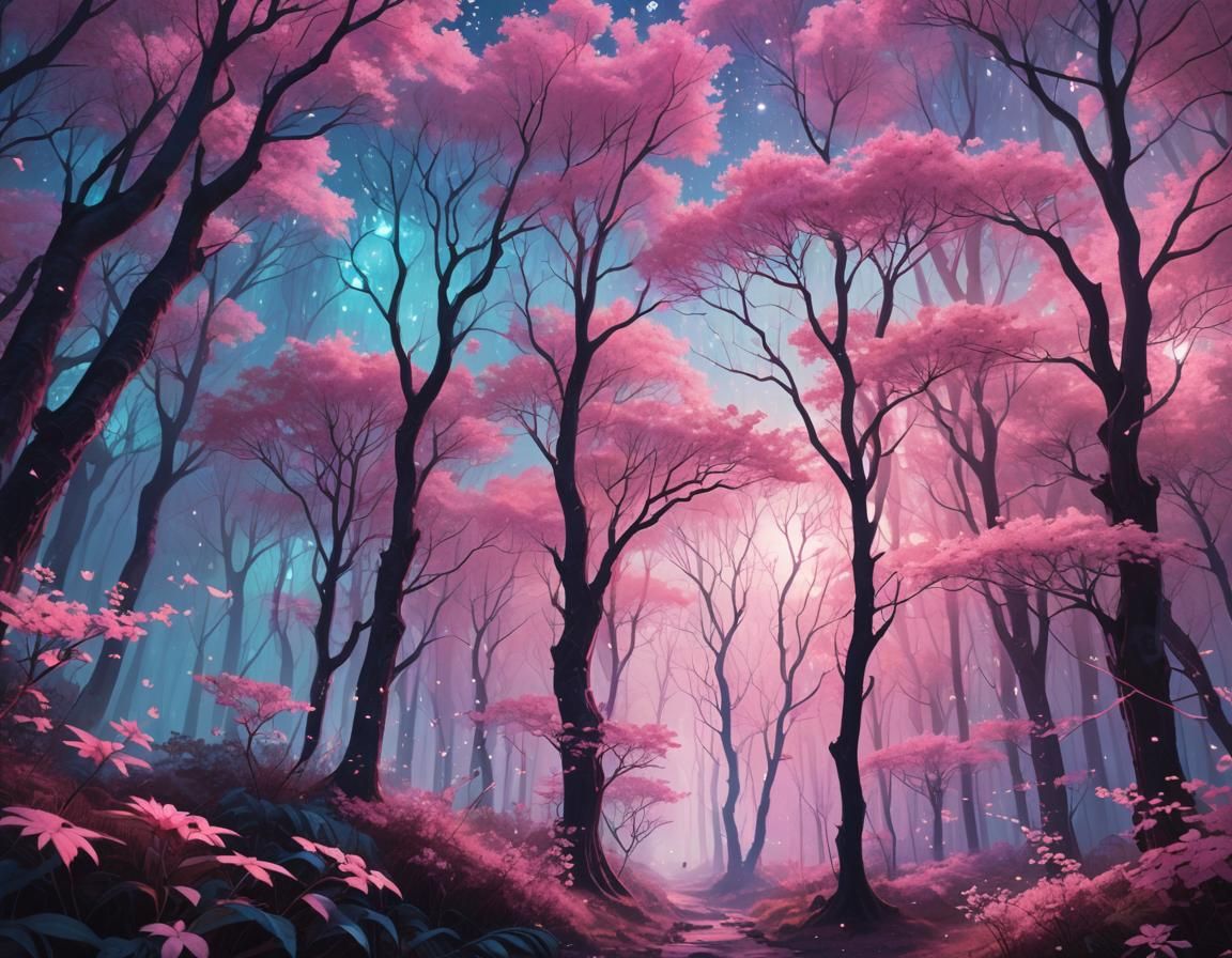 A whimsical pink forest, with trees adorned in delicate pink flowers and sparkling fairy lights. The ground is covered i...
