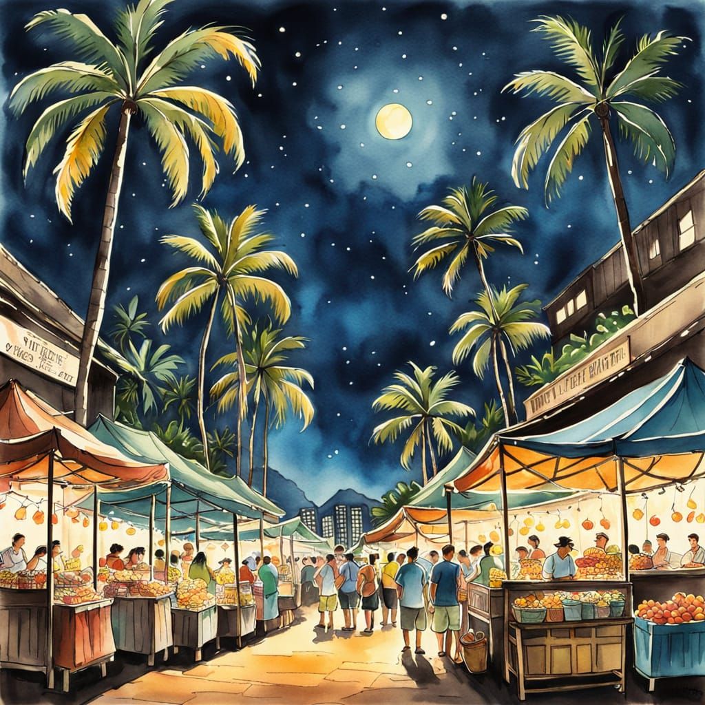 Waikiki Night Market Scene in Vibrant Watercolor