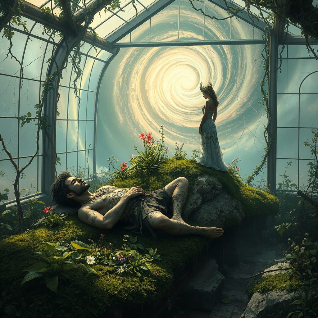 Overgrown Greenhouse Scene with Prince and Princess