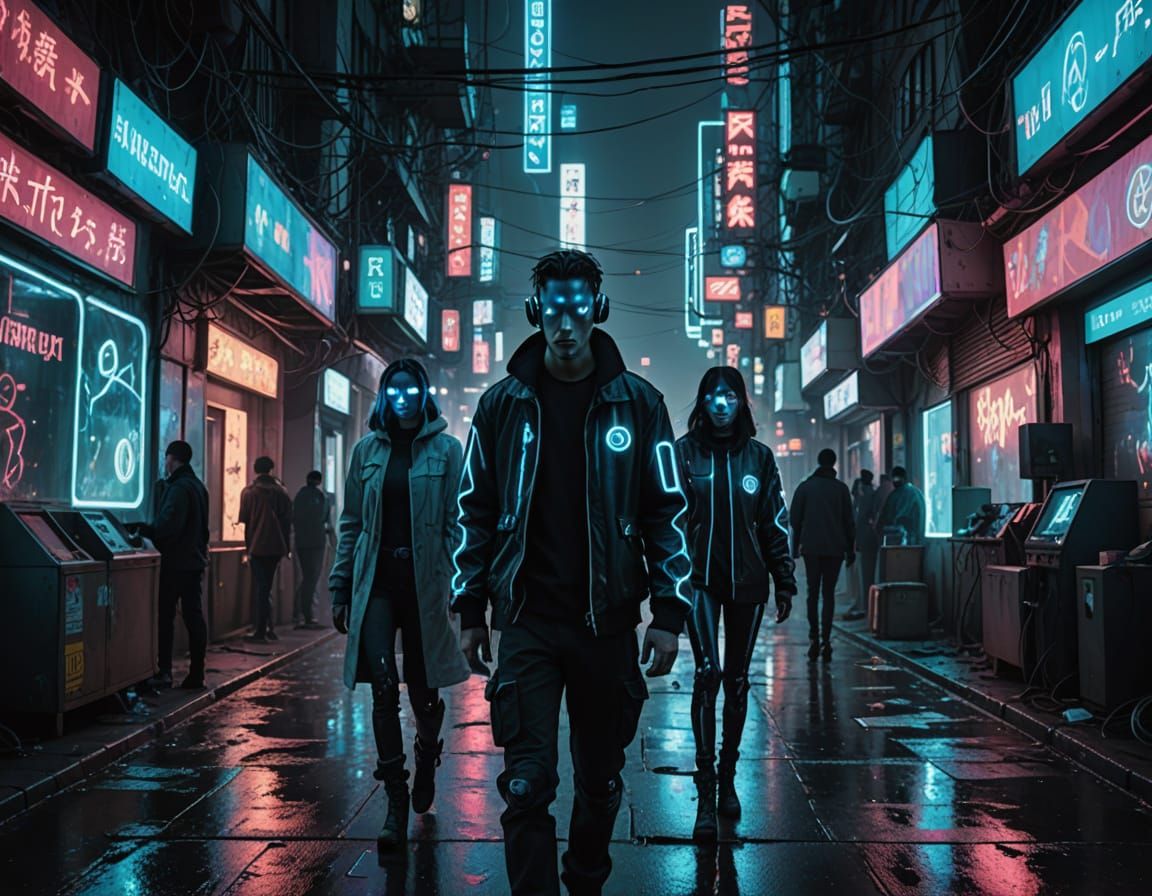 Menacing Cyborgs Corner Humans in Neon Cyberpunk Alley