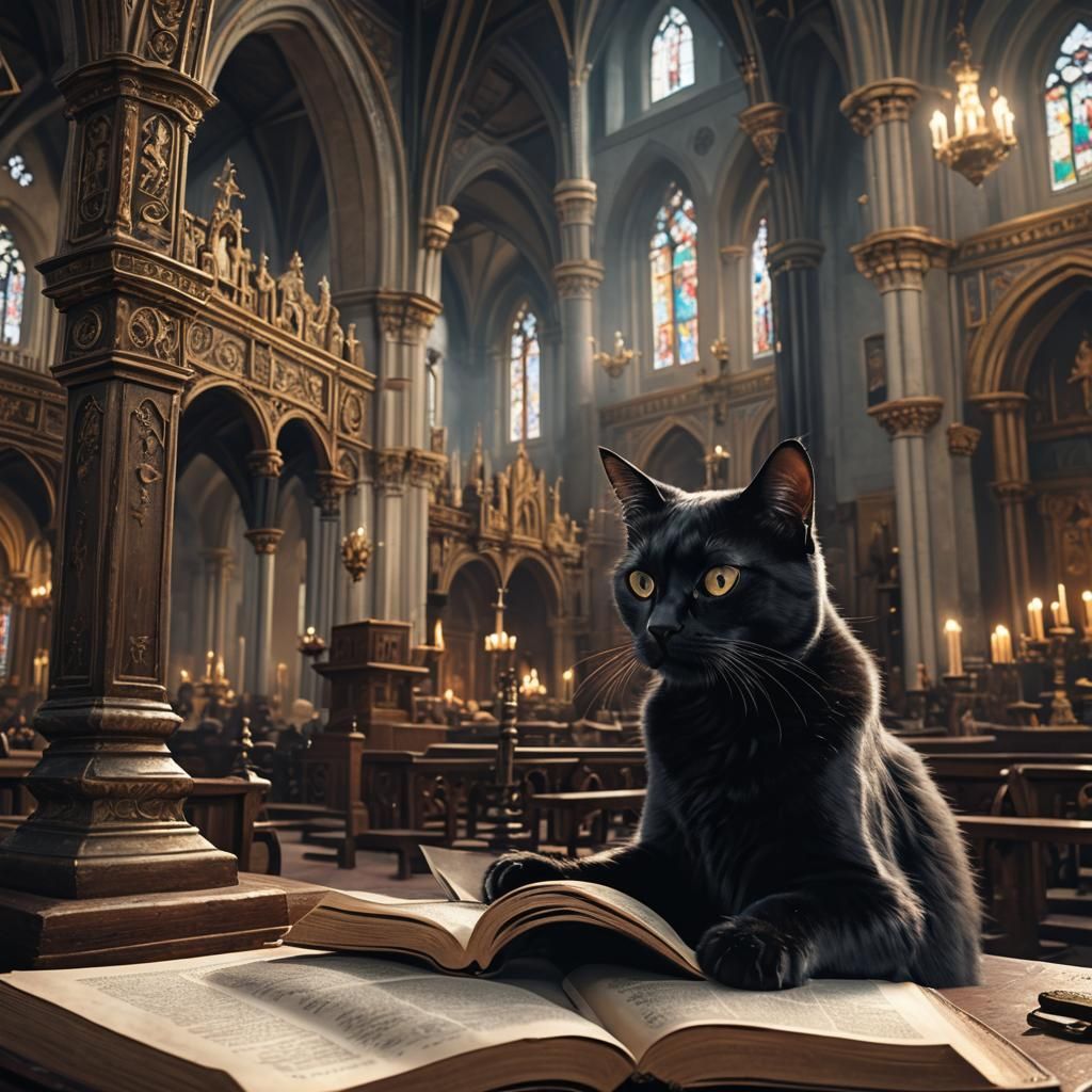 Black Cat Reads Bible in Church: Digital Painting