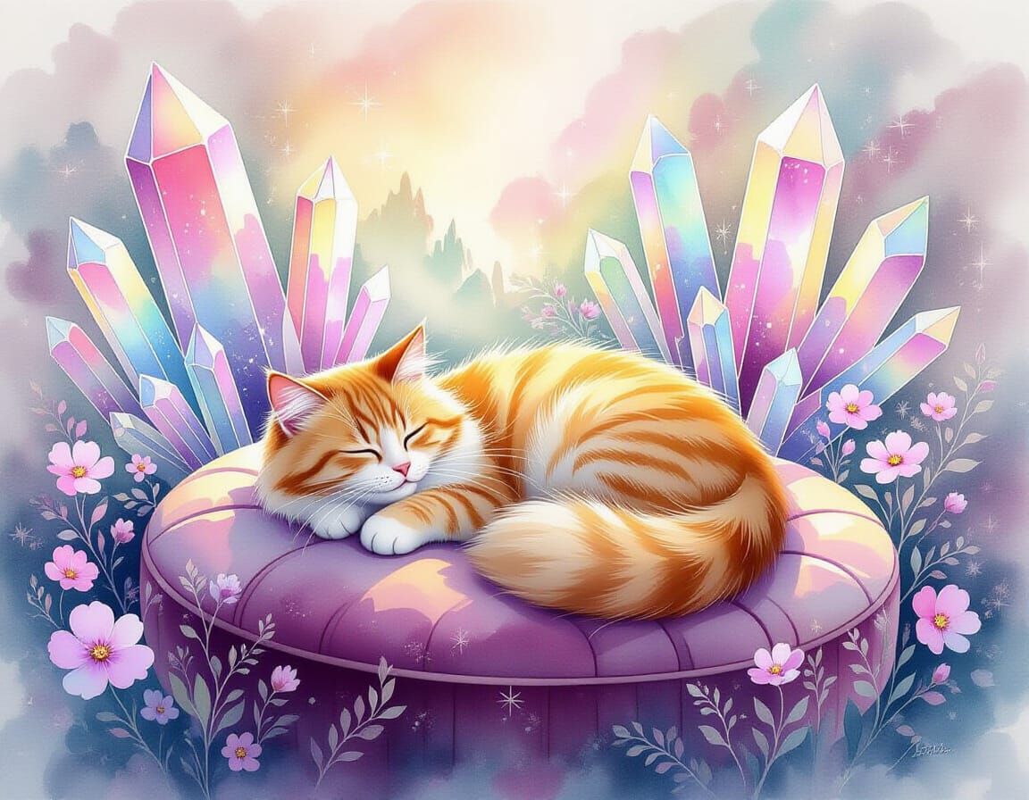 Ginger Cat in Crystalline World: Ink Painting