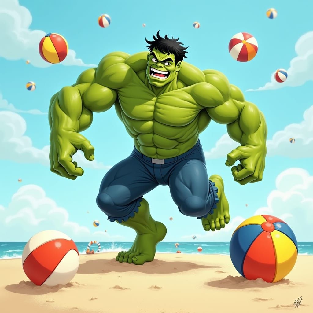Hulk Plays with Beach Balls in Whimsical Style