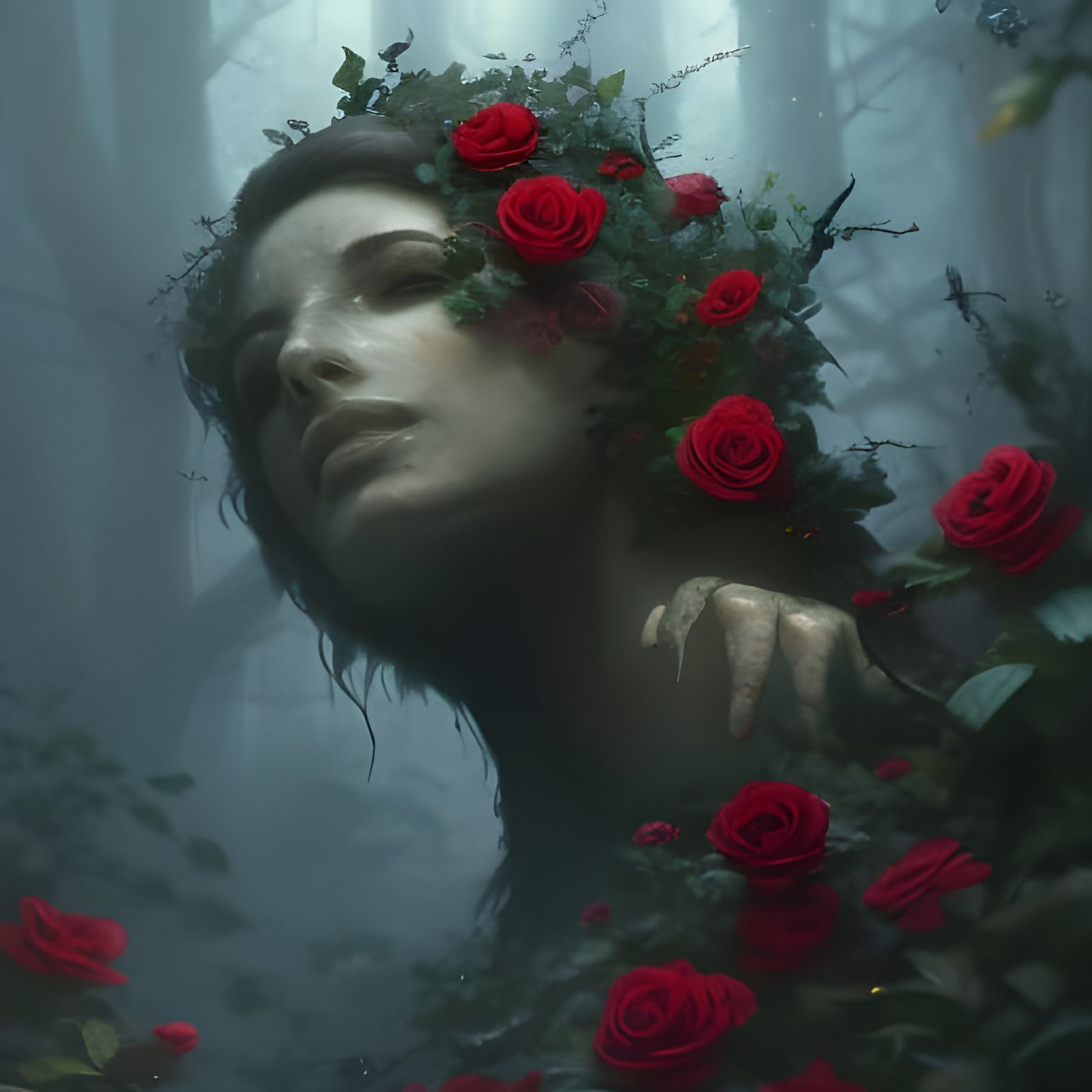 Stone Monster Overgrown with Roses in Dark Fantasy Style