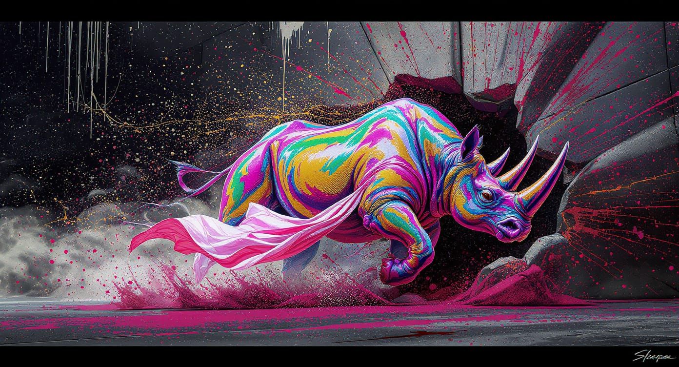 Rainbow Rhino Splatter Art: Abstract Surrealism