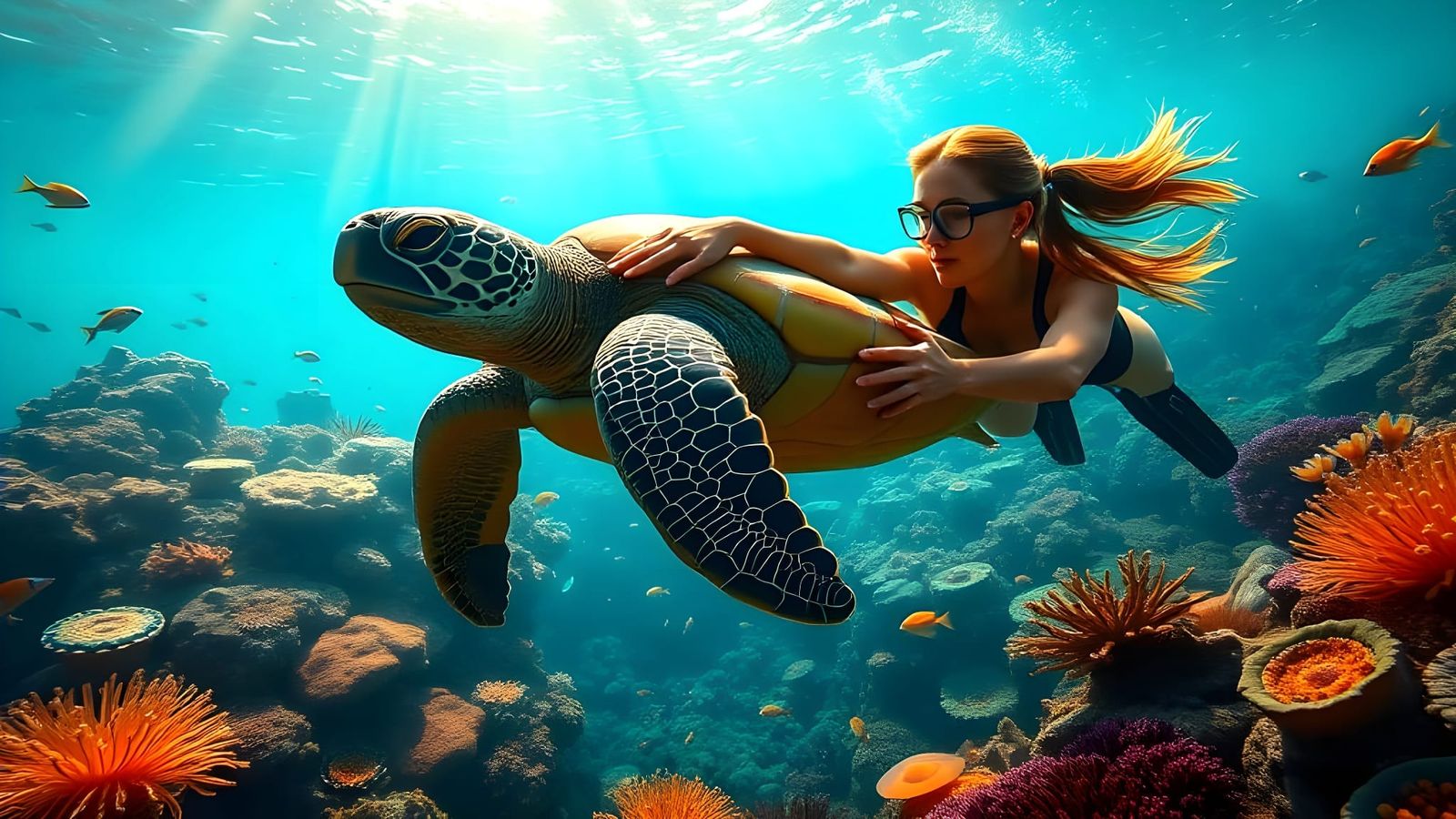 Snorkeler and Sea Turtle in Impressionistic Reef