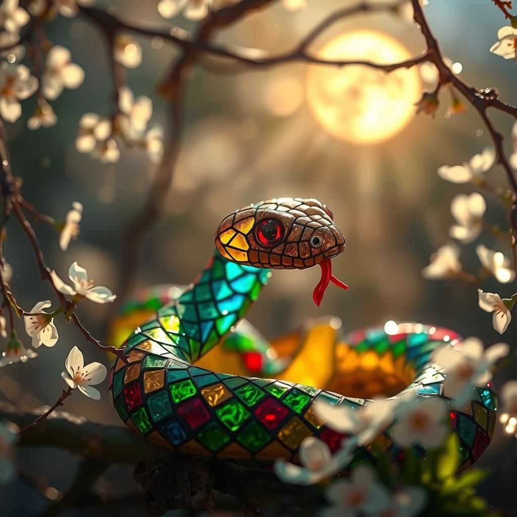 Stained Glass Snake in Magical Garden