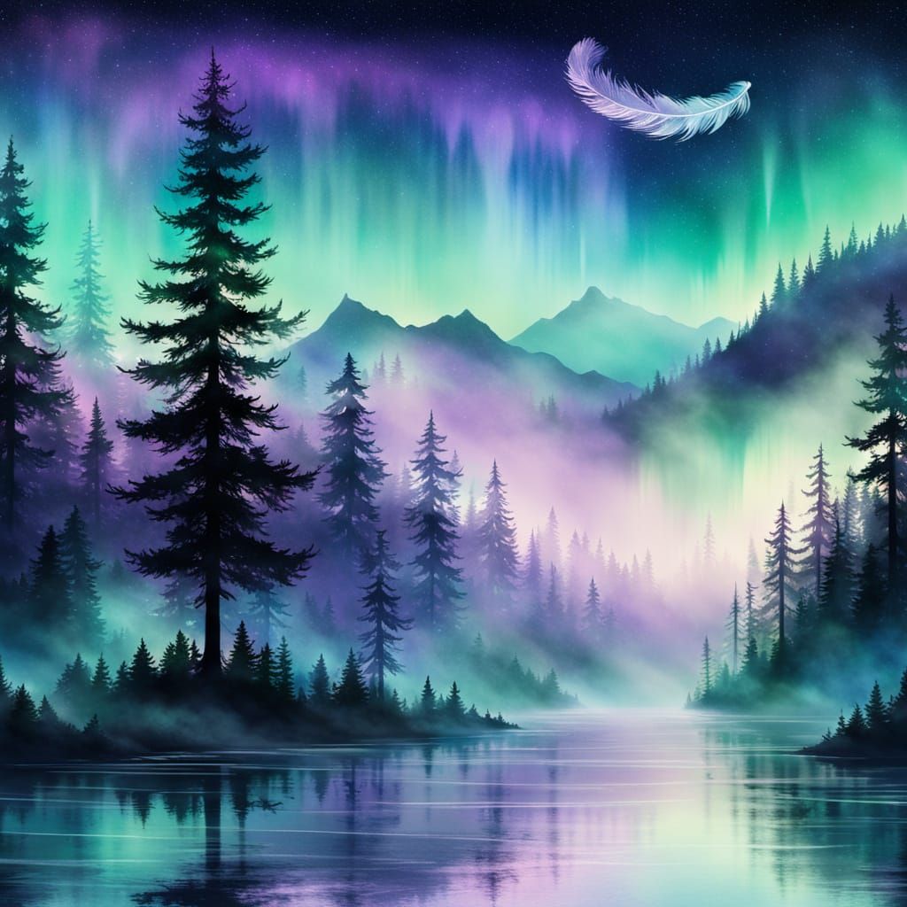 Double Exposure Feather Silhouette Over Starry Forest