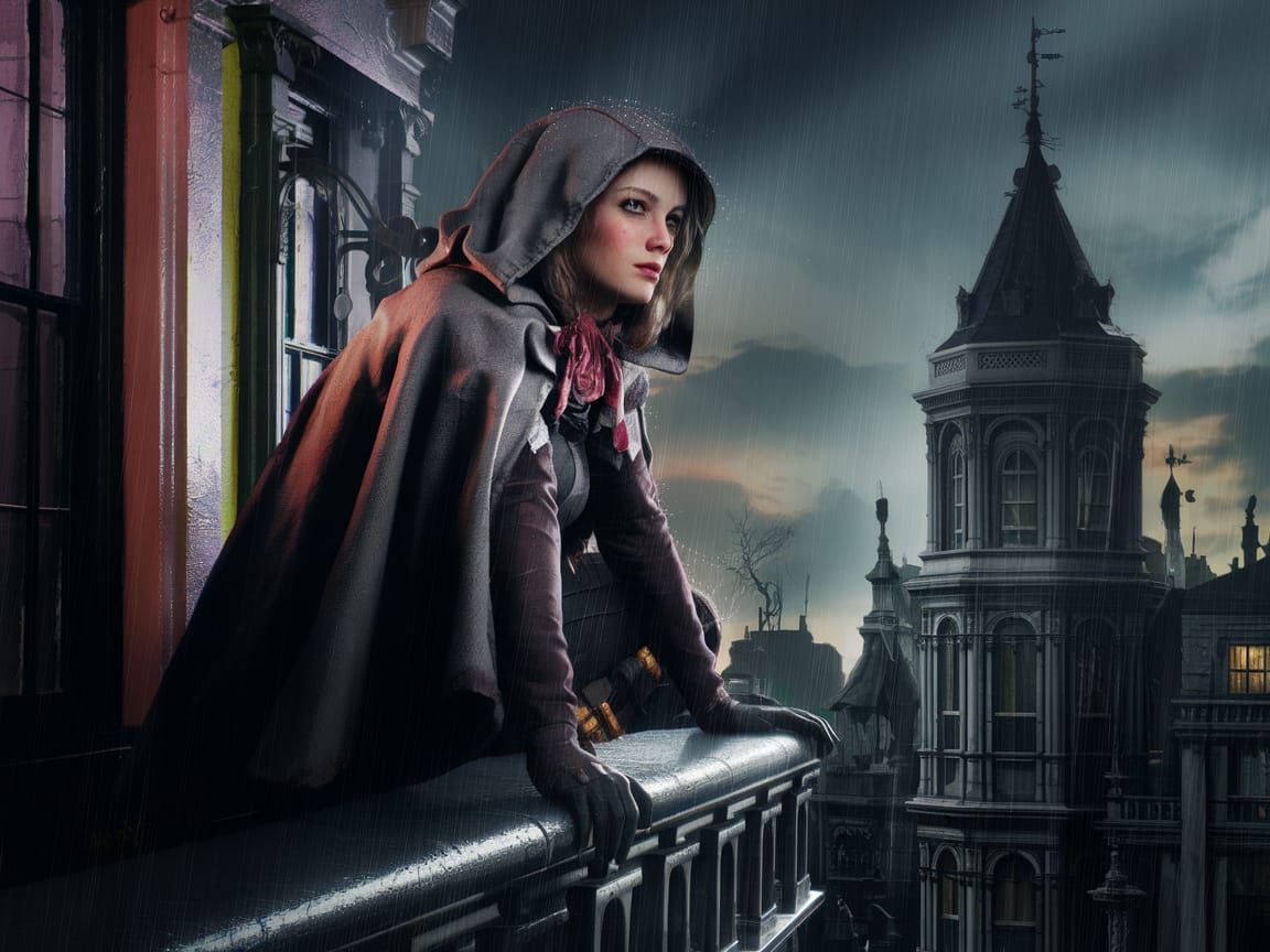 Steampunk Heroine Overlooking Victorian Cityscape