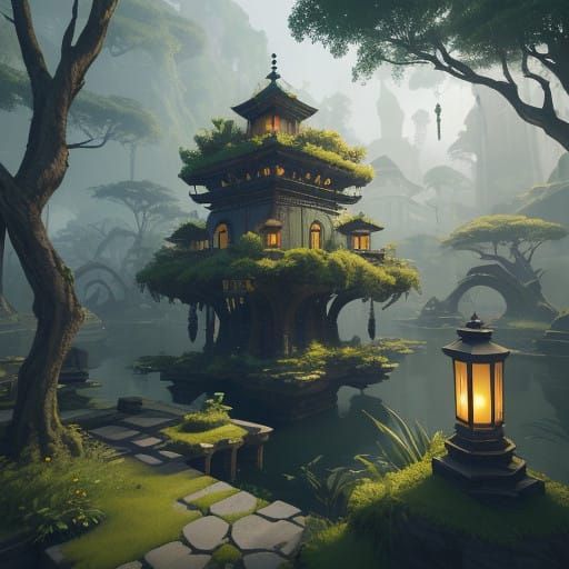 Surreal Garden Oasis in Harmony with Lush Green Trees and Vi...