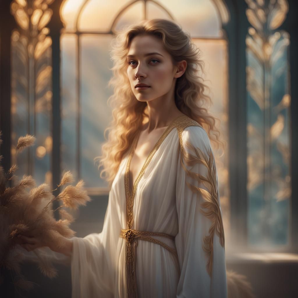 Ethereal Woman in White Robes: An Art Nouveau Portrait