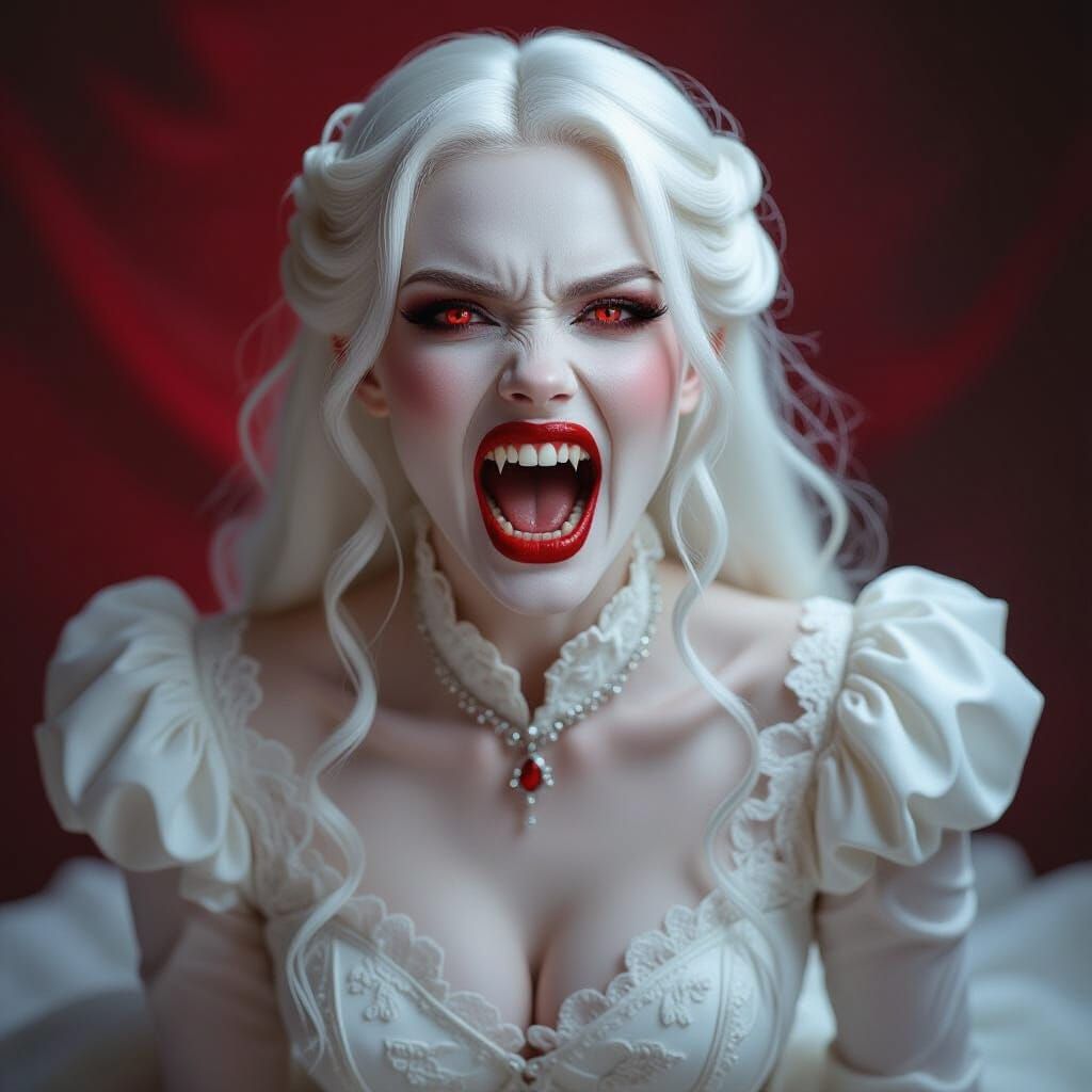 Albino Vampire Screams in Elegant White Gown