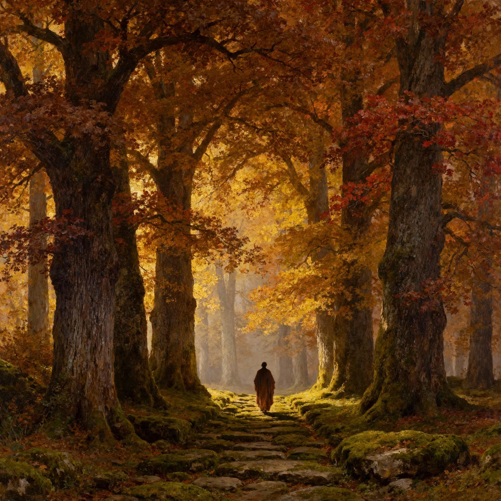 Person Walks Through Autumn Forest Cathedral in Romantic Sty...