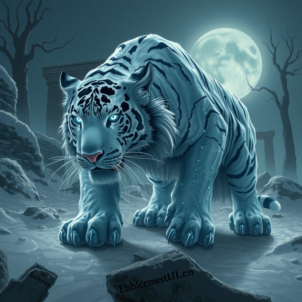 Hypnotic Ice Tiger in Moonlit Ruins