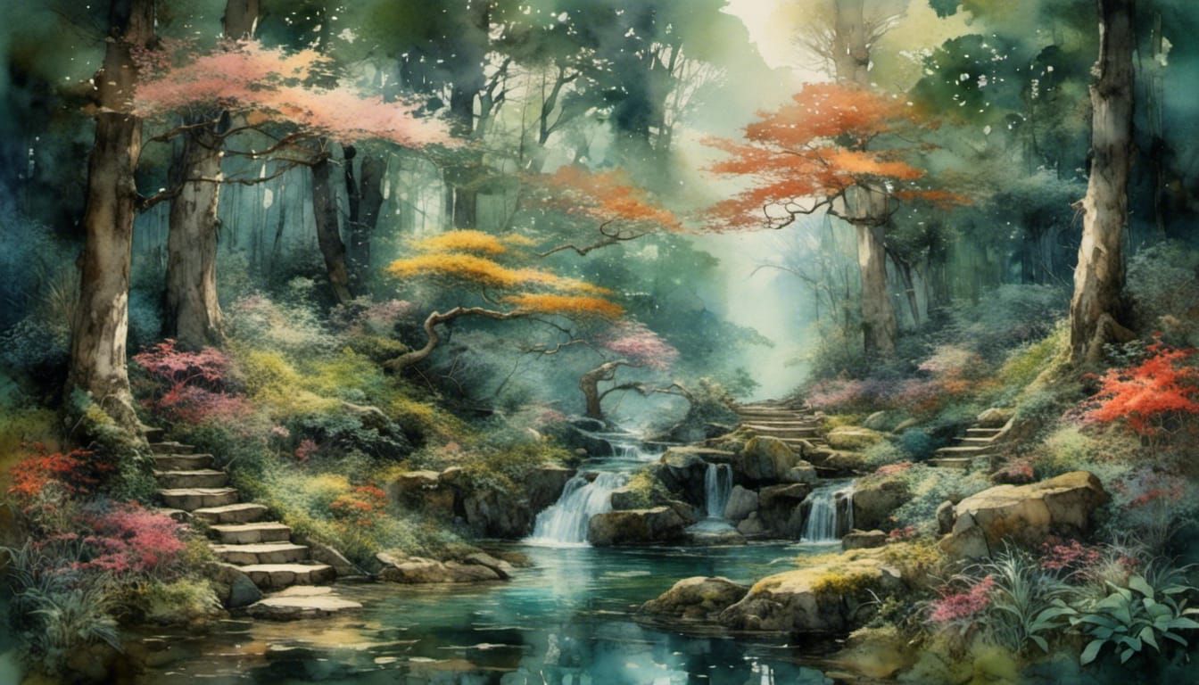 "an enchanted forest, dreamy watercolour"