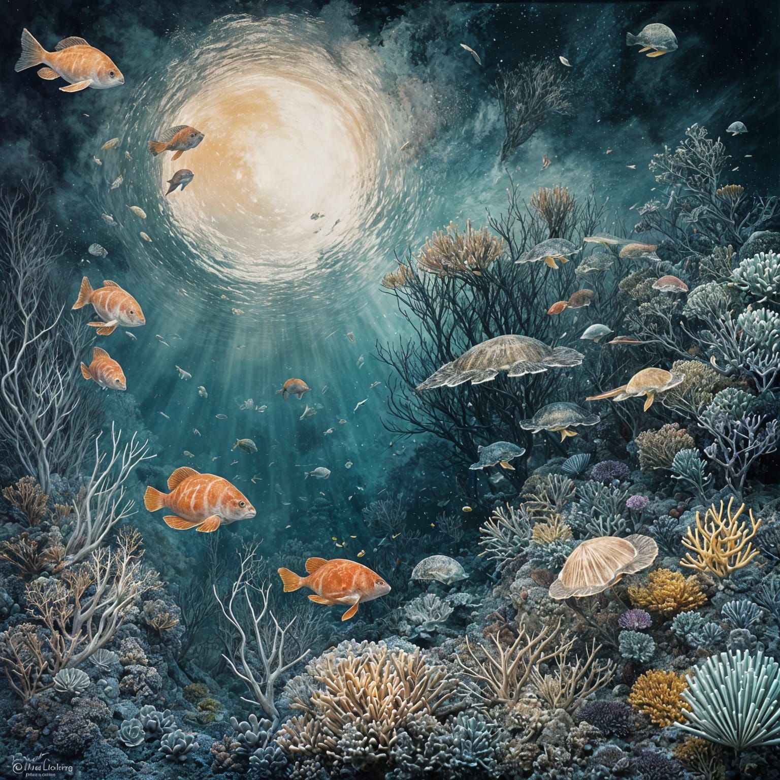 Vibrant Coral Reef with Sea Life in Surreal Style