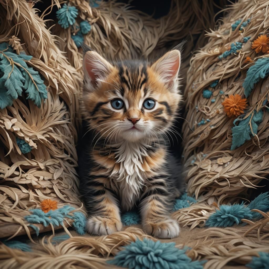 Cute Kitten in Lap: Detailed Fantasy Art