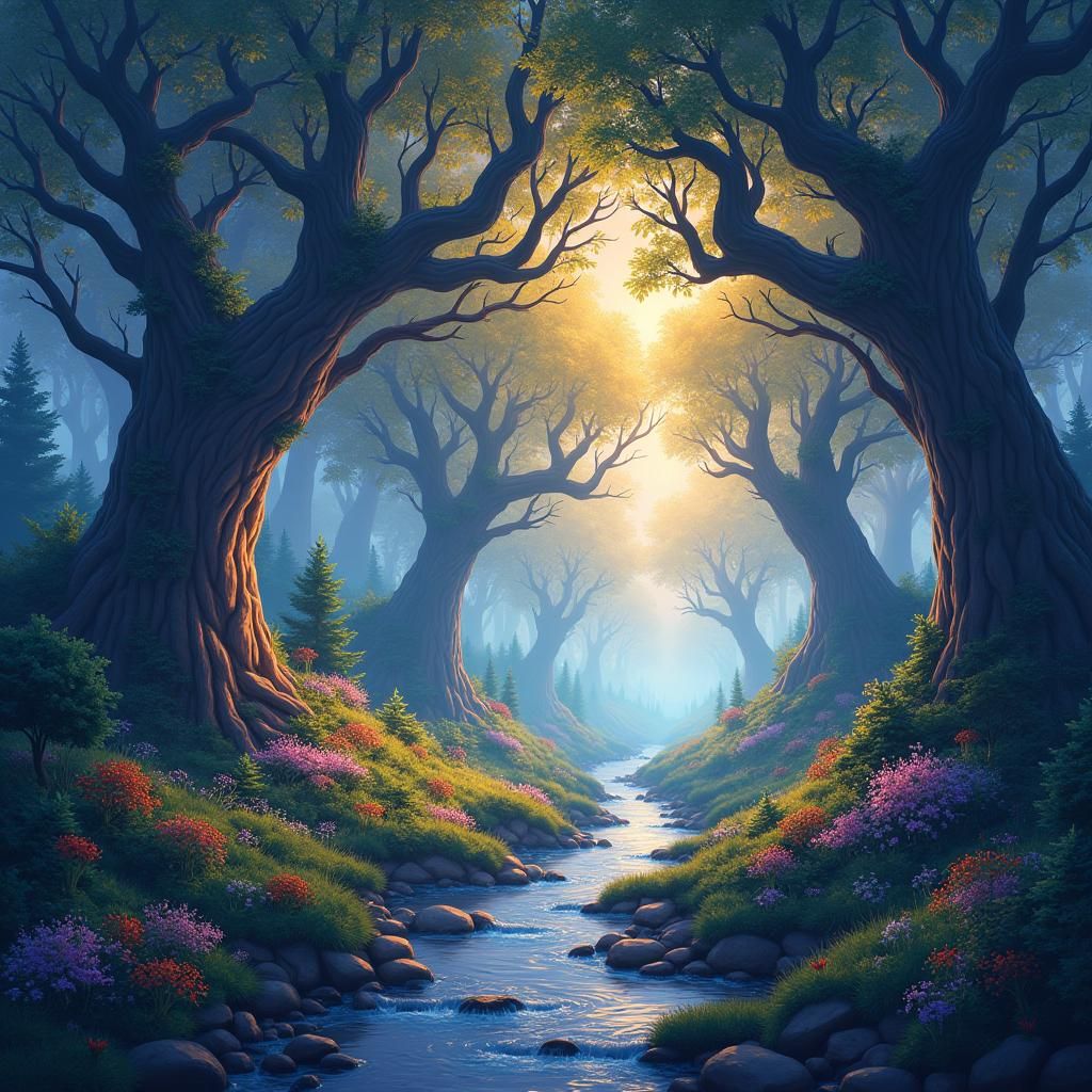 Enchanting Forest Scene in Miyazaki Digital Art Style