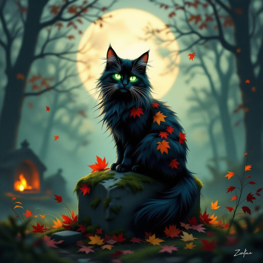 Spectral Cat of Autumn Leaves Sits on Tombstone