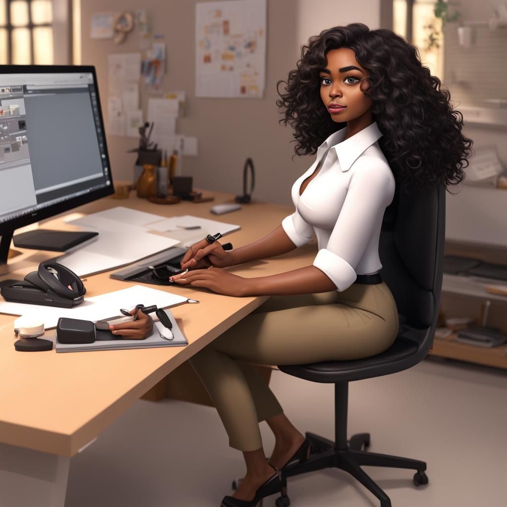 Woman at Desk in Pixar-Style 3D Rendering