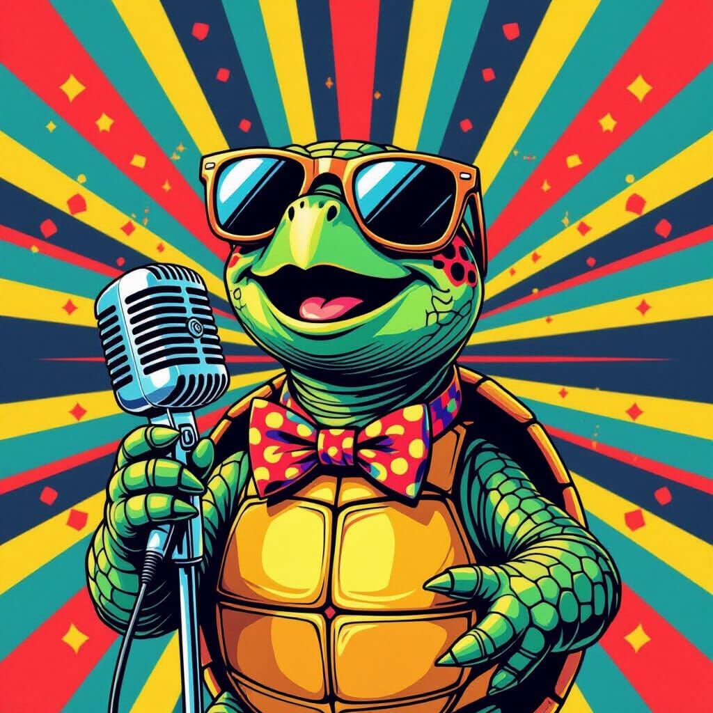 Cartoon Turtle Singer in Pop Art Style