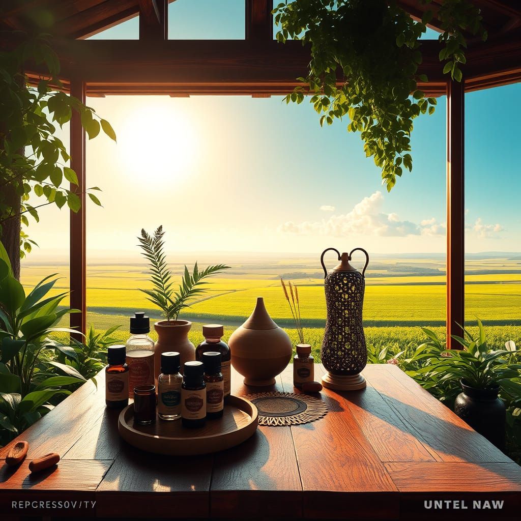 Serene Sanctuary with Essential Oils and Lush Greenery in a ...