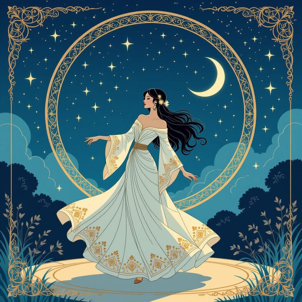 Twilight Dance in Starry Night Sky, Art Nouveau Style