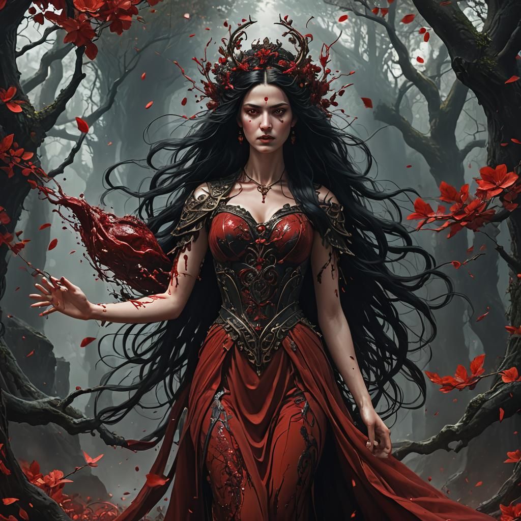 Goddess Persephone in Blood Red Dress