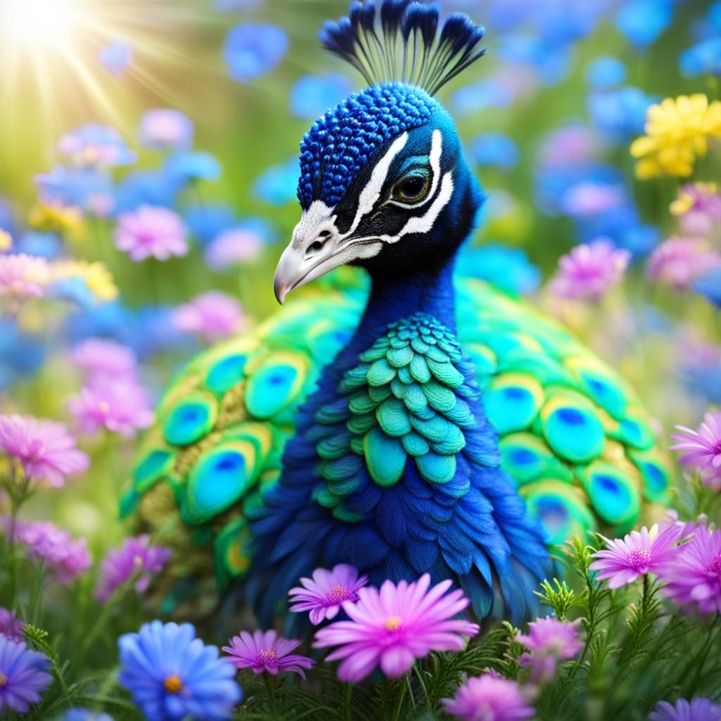 Blue Feathered Peacock with Flowers in Divine Light