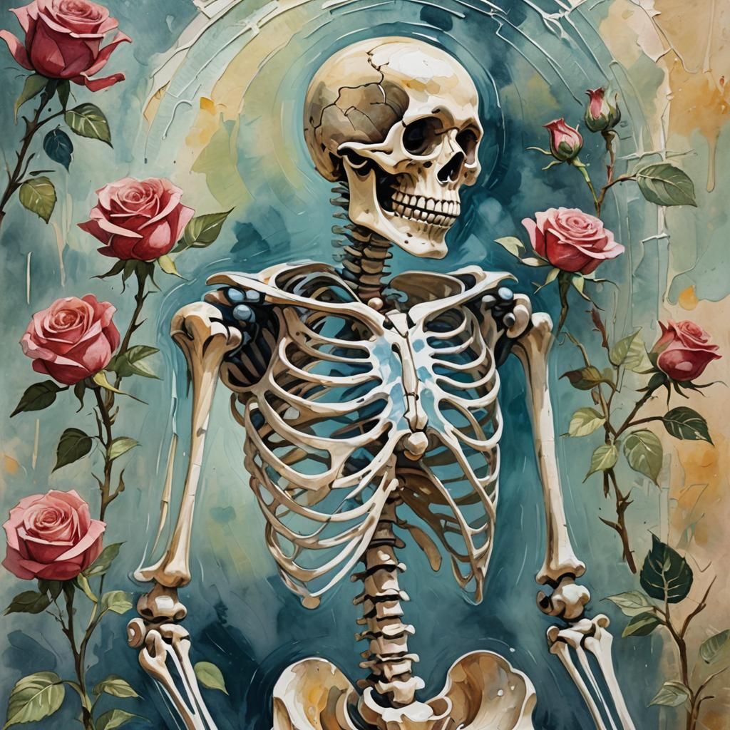 Glass Skeleton Holding Rose: Gouache Watercolor Masterpiece