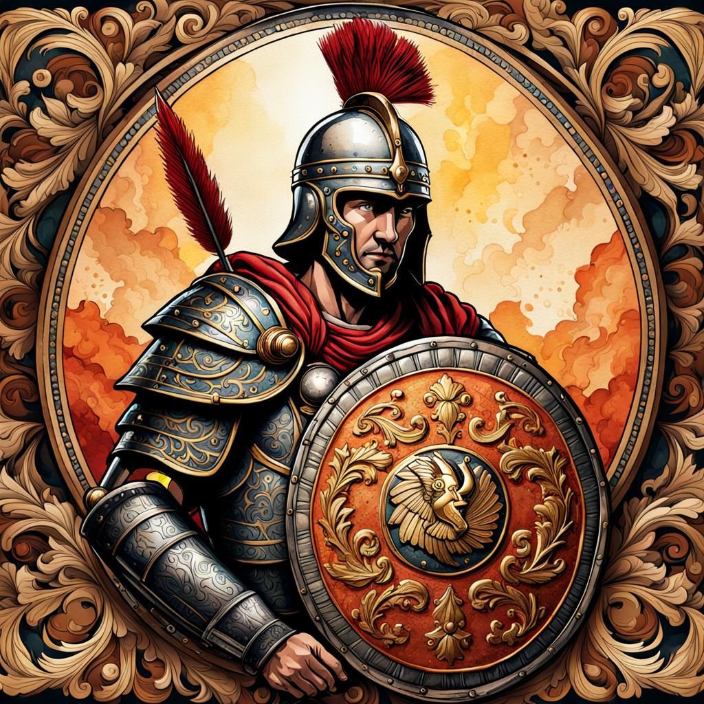 Roman Legionnaire Shield in Watercolor Mosaic Style