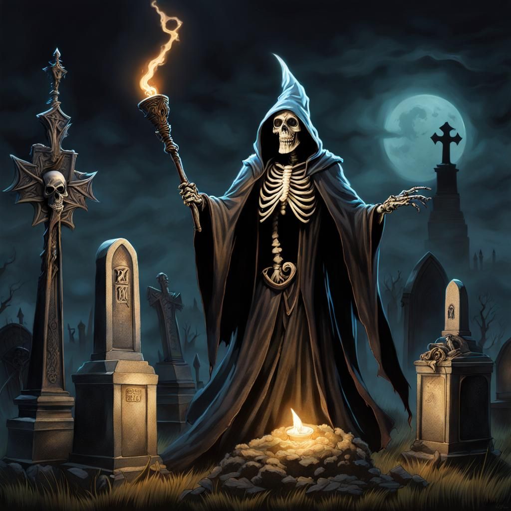 Undead Wizard Skeleton Casting Spell at Night