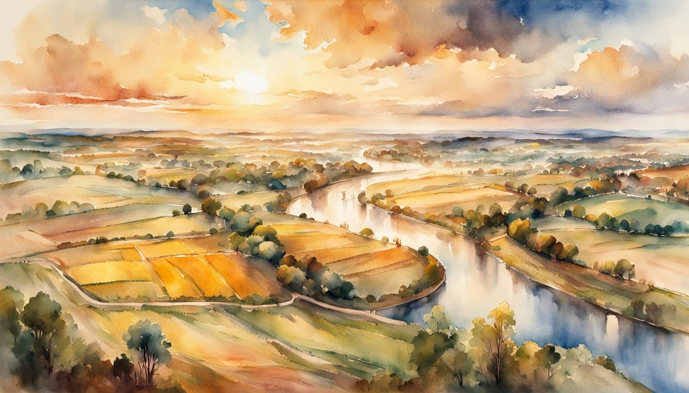 Aerial View of Cultivated Land in Watercolor Style