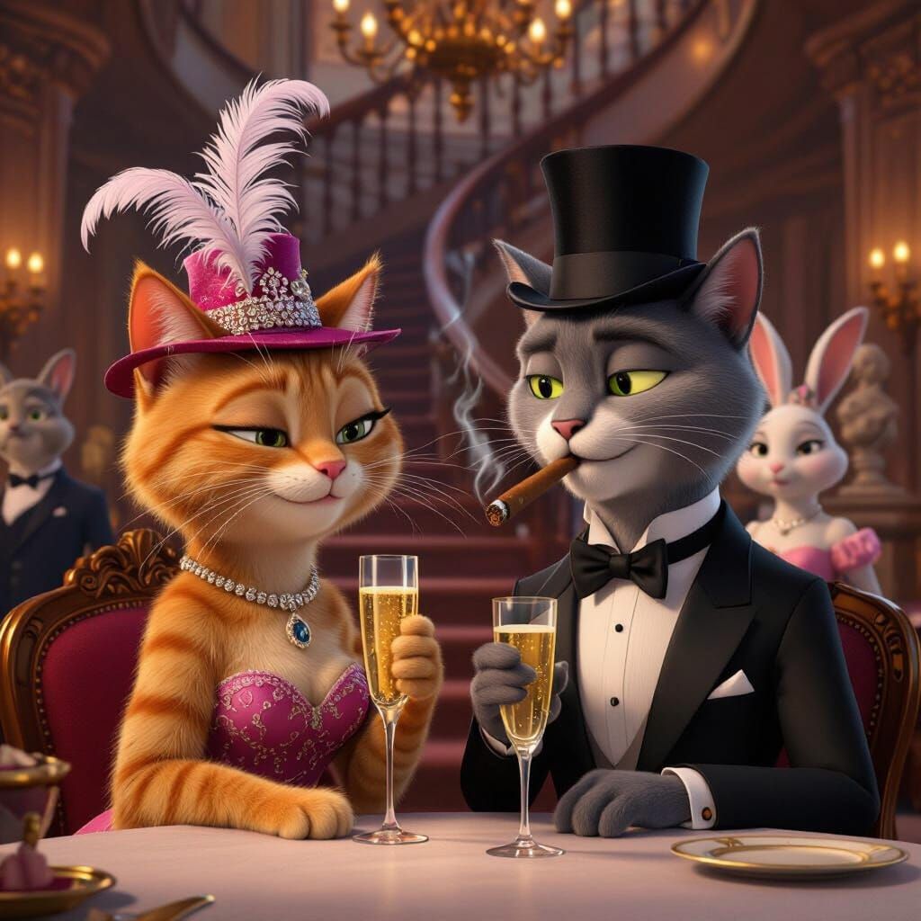 Pixar-style Cats at a Dinner Party