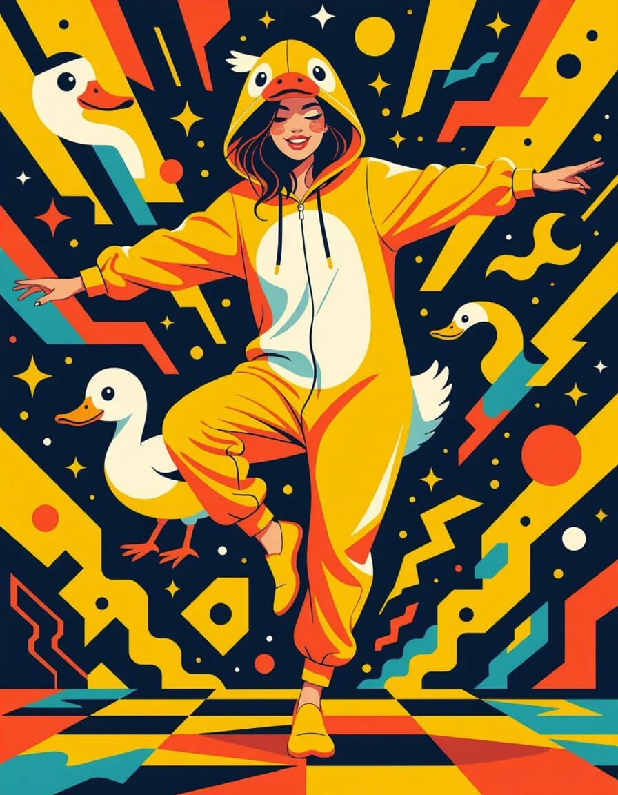 Woman in Duck Onesie Dancing, Digital Art