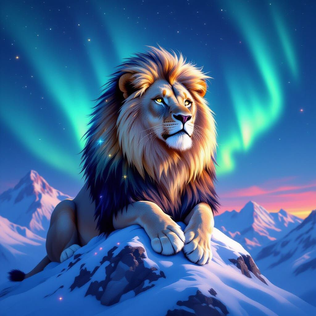 Starlight Lion Under Aurora, Hyperrealistic Digital Art