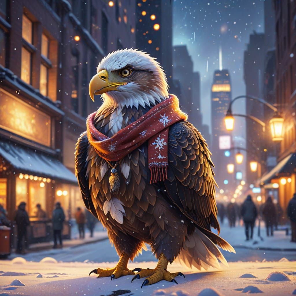Adorable Grumpy Eagle in Snowy Anime Style