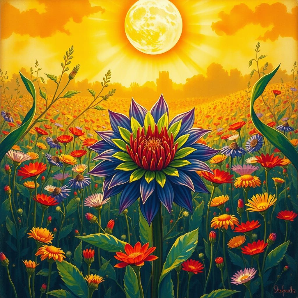 Flower of Life in Sunlit Field: Impressionist Masterpiece