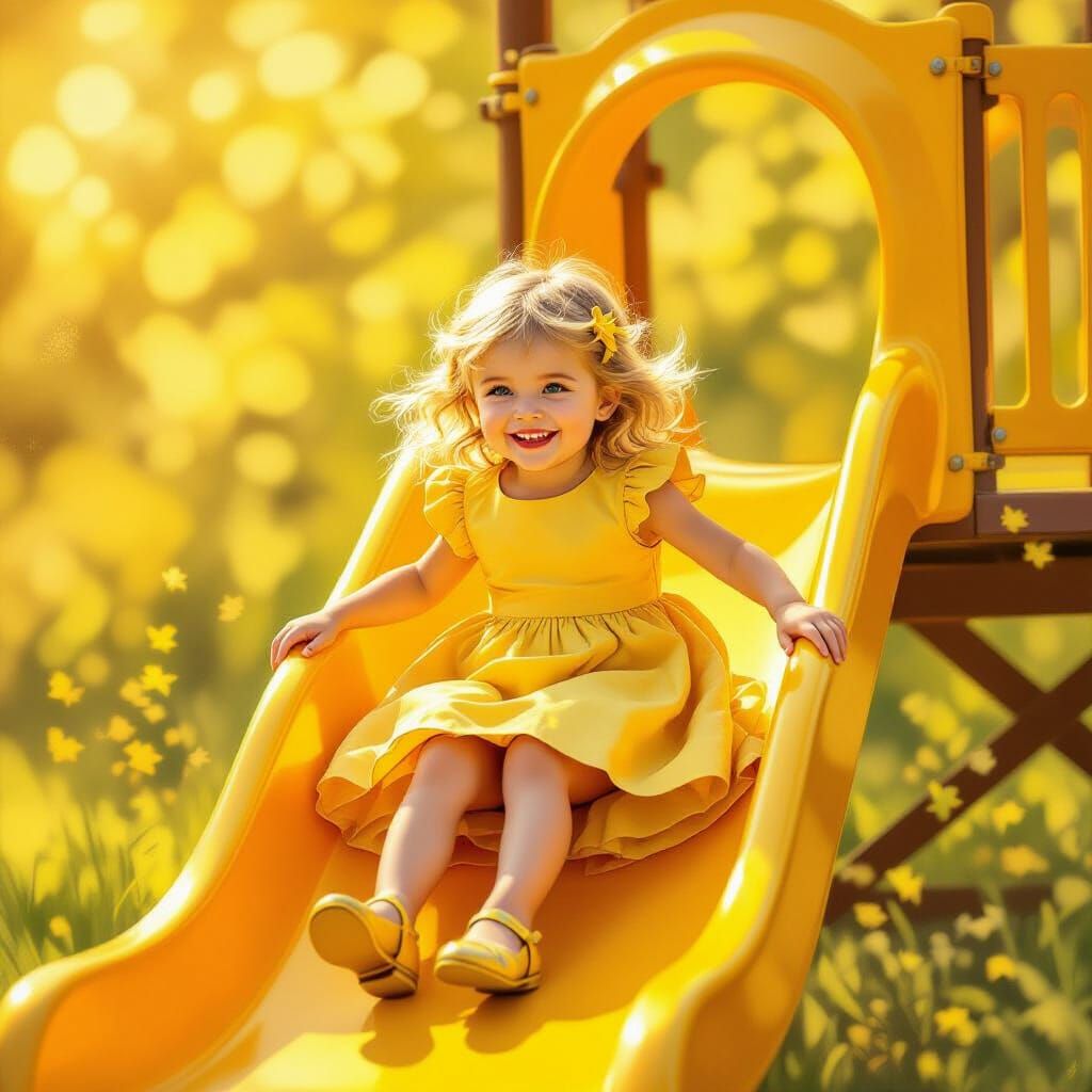 Joyful Girl in Yellow Slides Down Golden Slide