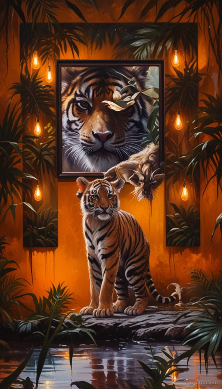 Tiger cubs in a tropical jungle with monkeys in the trees