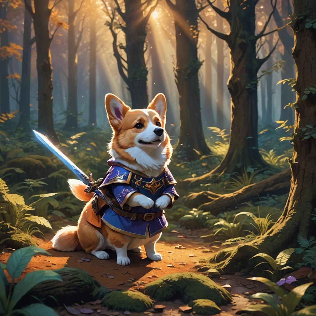 Corgi Hero in Mystical Forest, Fantasy Art