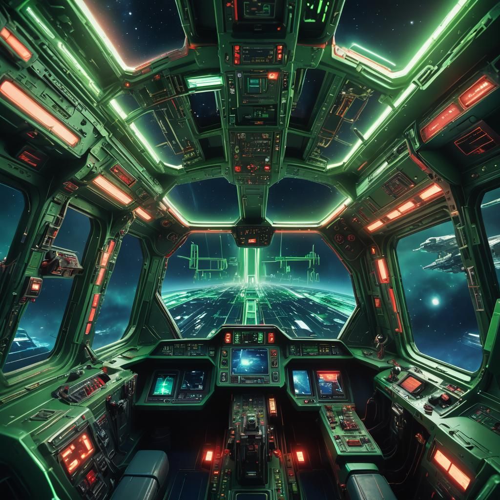 Green Cross Spaceship Hurtling Through Nebula