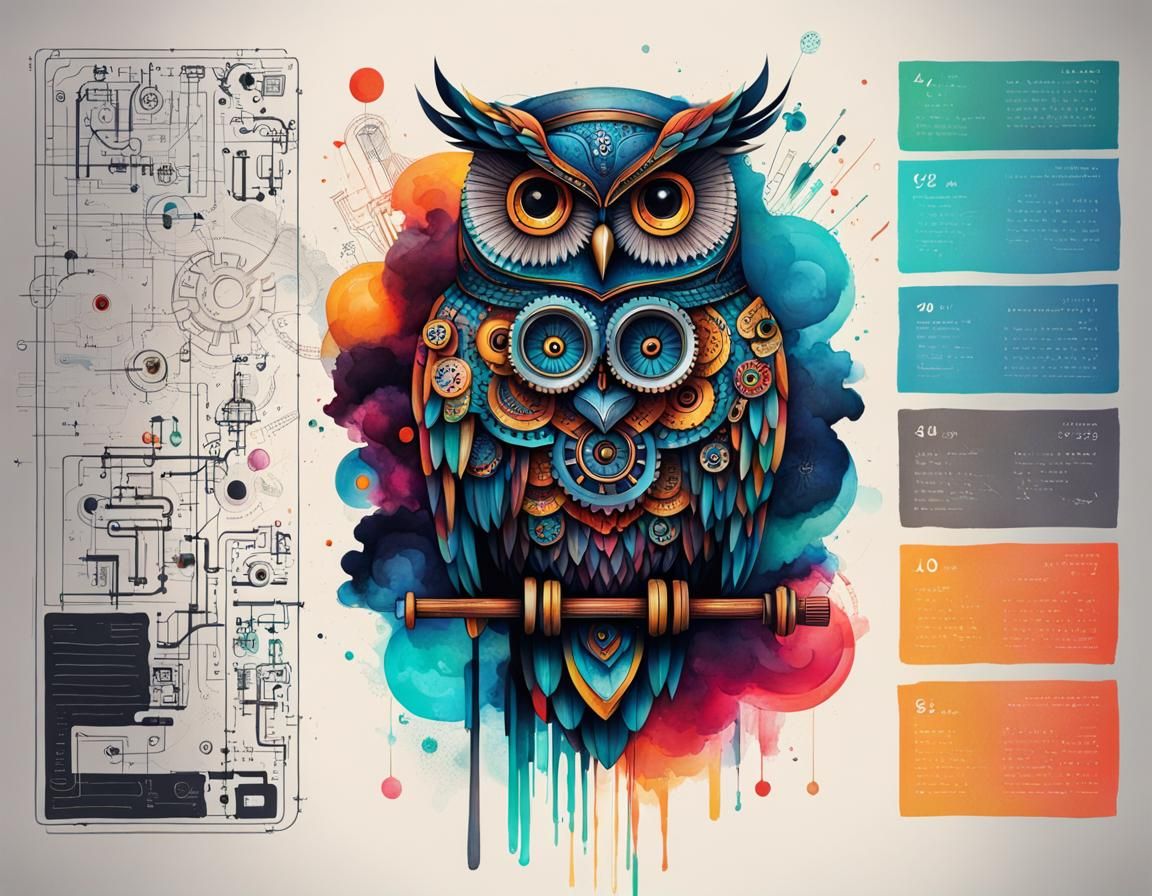 Dynamic Ink Doodle of a Mechanical Owl