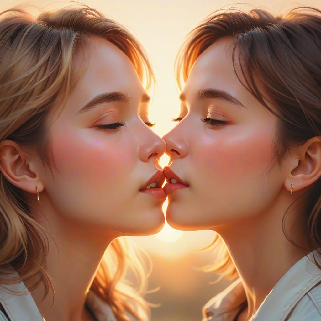 Romantic Pastel Portrait of Two Women in a Softly Lit Embrac...