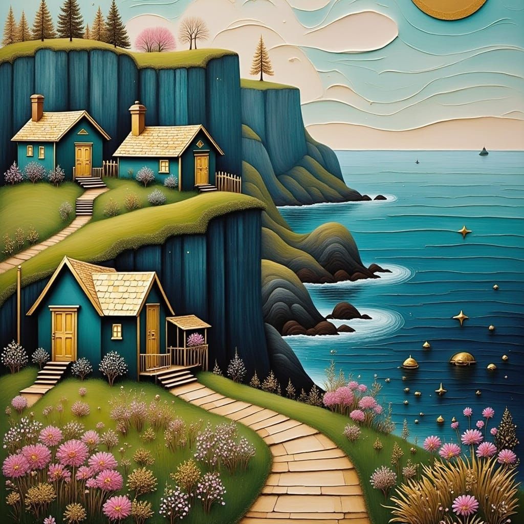 <lora:Gold and pink:1.0> <lora:Mixed Media blending:1.0> Little character cottages, on the cliffs made of many old rusti...